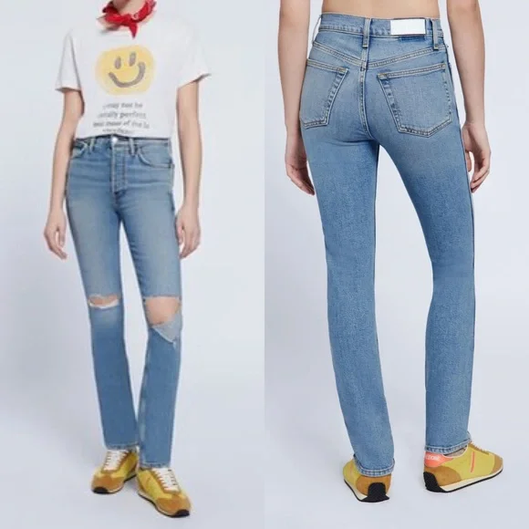 RE/DONE Originals 80's Slim Straight Brisk Blue With Rips NWT 25